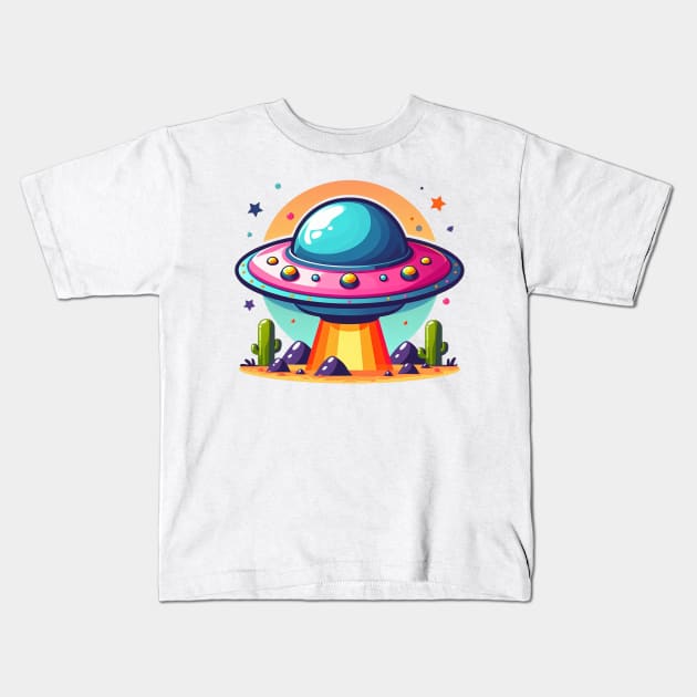 Colorful UFO Flying Saucer Over Desert Kids T-Shirt by AhmedPrints